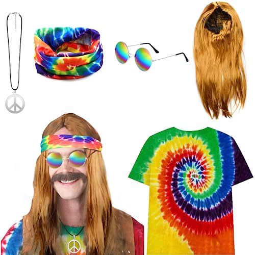 CHMMY 70er Hippie Kostüm Set, Hippie Accessories T-Shirt Perücke Brille Peace Halskette Stirnband, 60er 70er Jahre Outfit Hippie Kostüm Herren Damen für Fasching Karneval Party 70er Jahre Themenparty
