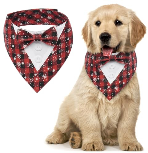 MHaustlie Hundehalstuch Weihnachten, Hunde Smoking Bandana, Formale Haustier Smoking Fliege, Verstellbar Haustier Anzug Fliege Bandana für Hochzeit Geburtstag Halloween Weihnachten(S, Schneeflocken)