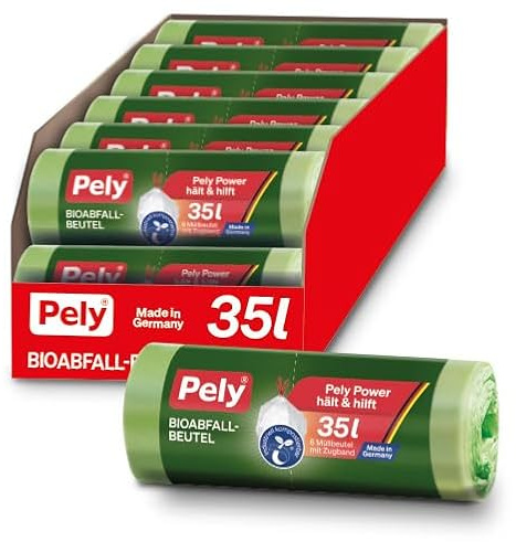PELY Bio Kompostbeutel 35 Liter, Vorteilspack (16 x 6 Stück), biologisch abbaubare Abfallbeutel, extra reißfest & dicht, perfekt für Biomüll in der Küche