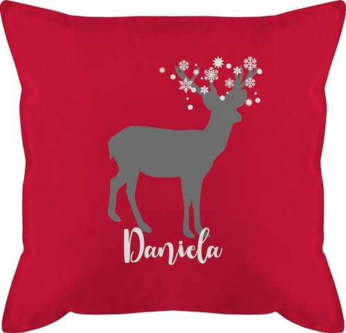 Kissen 50x50 - Weihnachtskissen Christmas Geschenke - Hirsch mit Schneeflocken und Name - 50 x 50 cm - Rot - personalisierte Kissenbezug Weihnachten weihnacht hirschmotiv bezug zierkissen