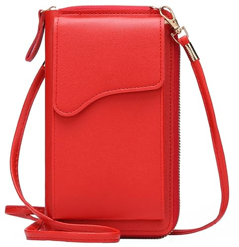 Sac à Bandoulière pour Téléphone Portable, Petit Cuir PU Crossbody Femme, Mini Pochette Porte Carte Épaule, Fille Sac à Main Portefeuille, Monnaie Sacoche avec Sangle Réglable et Fentes (rouge)