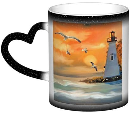 ZaKhs Kaffeetasse mit Leuchtturm-Ozean-Motiv, Farbwechsel, Keramikbecher, isoliert, Reisebecher, Tasse für Damen und Herren