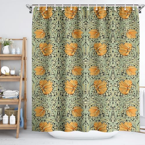 Fchen art Rideau de douche en tissu à séchage rapide avec motif botanique vert sauge et fleurs jaunes William Morris - Rideau de douche décoratif en tissu bohème victorien vintage pour salle de bain -