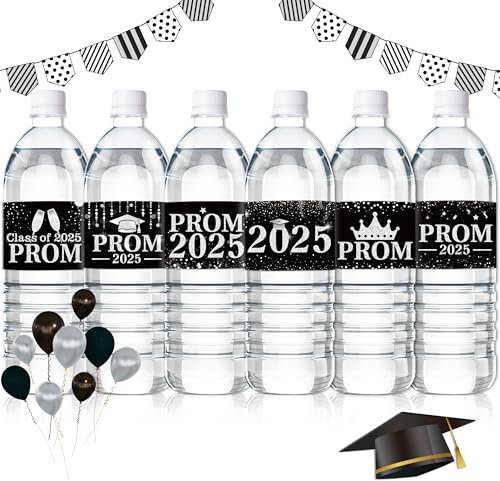 Graduation Prom Water Bottle Label - COcnny 120pcs Prom Party Decorations Stickers Congrats Grad Supplies, Class of 2024 Bottle Wrappers Sticker Decor for College School Celebration (Black Sliver)