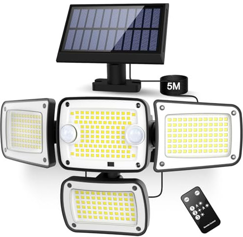 Lampes solaires d'extérieur avec détecteur de mouvement - Double capteur 342 LED 4000 lm 7000 K pour éclairage de sécurité en extérieur - IP65 étanche et projecteur avec télécommande - Pour cour