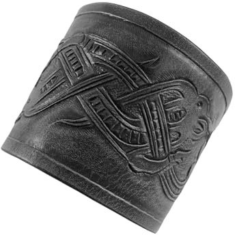 ULFBERTH | Armschienen Paar aus Leder mit geprägtem Drachenmotiv im Jelling-Stil | Wikinger Armband aus Leder | Mittelalter, LARP (Schwarz - Jelling-Stil)
