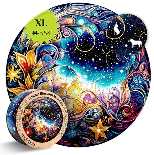 MagicHolz – Holzpuzzle Mandala Kosmische Blüten – rundes Holz Puzzle Ø 47 cm – besondere Geschenkidee für Erwachsene & Kinder – inkl.Premium Holzbox