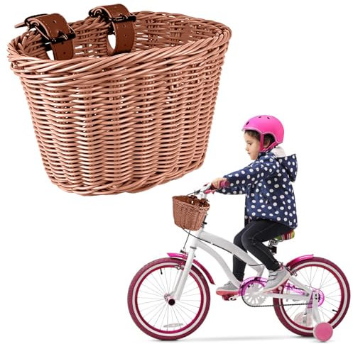 Kinderfahrrad Lenkerkorb: 20 * 14 * 12cm Weiden-Kinderfahrradkorb, Fahrradhängekorb mit verstellbaren PU-Gurten, Fahrradkorb-Aufhängekorb, Handgewebter Rattan-Aufbewahrungskorb für Jungen und Mädchen