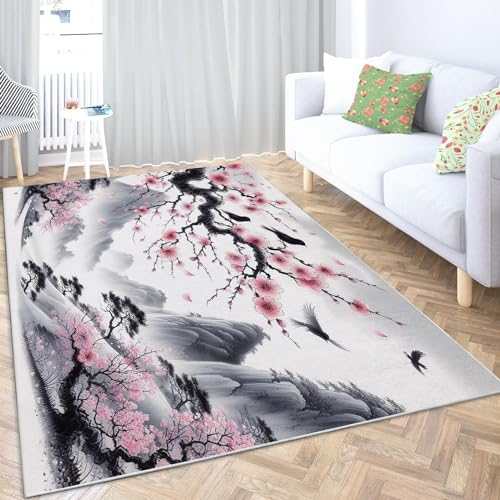 okoikfc Japan Teppich Wohnzimmer, 3D Kirschblüten Teppich 140 x 200 cm, Waschbarer rutschfest Teppiche für Kinderzimmer Schlafzimmer Deko Antirutschmatte Carpet L990