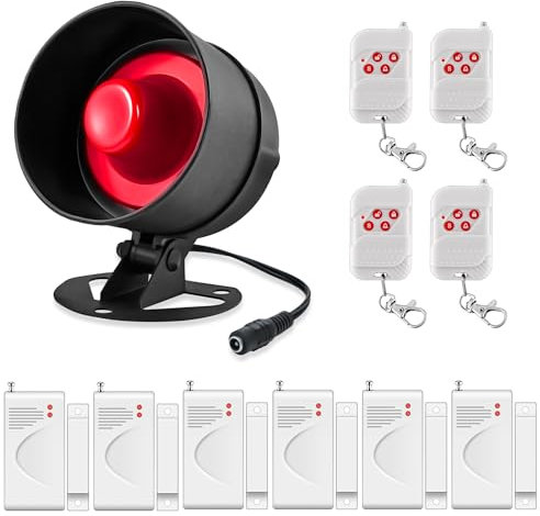 Alarmanlage Haus Sirene Set Mit lauter 115 dB Sirene,Türfenstersensoren(6er-Pack) und Fernbedienung - Ideal für Geschäfte, Lager und Zuhause