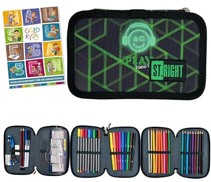 Goldkids - Federmäppchen 3 Fächer - Mäppchen für Mädchen und Jungen - Federmappe 3-Fach Federtasche Gefüllte Schüleretui 46-teilig - Schulmäppchen und Hausaufgabenheft