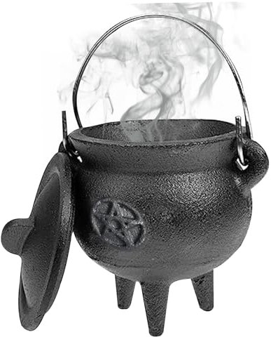 Jorzer Cast Iron Cauldron with Lid and Handle Halloween Mini Cast Iron Pot 3.94x2.95x2.95inch Cauldron Decorative Candle Incense Burning Witchcraft Cauldron Pot, Star