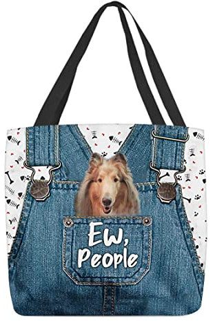 Schultertasche Damen Handtasche Faltbar Strandtasche Wiederverwendbare Einkaufstasche Tragetasche Für Arbeit Büro Reisen Einkaufen Ew People Langhaarcollie, Langhaarcollie Auf Jeans-Overall Mit