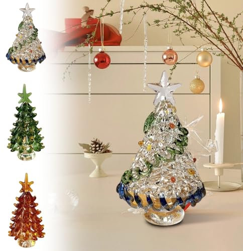 Christmas Decorations - Glass Christmas Tree Figurines, Mini Ornaments, Handmade Xmas Table Decoration, Miniature Holiday Home Tabletop Decor (3PCS)