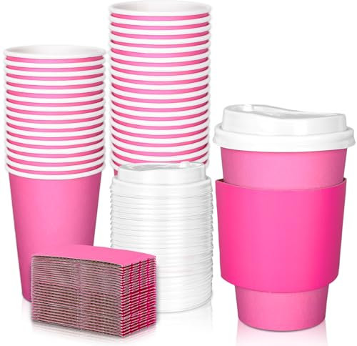 JarThenaAMCS 50 Set Hot Pink Disposable Coffee Cups with Lids and Sleeves 12oz Pink Insulated Paper Cups To Go Cups for Hot Cold Beverage Drinks