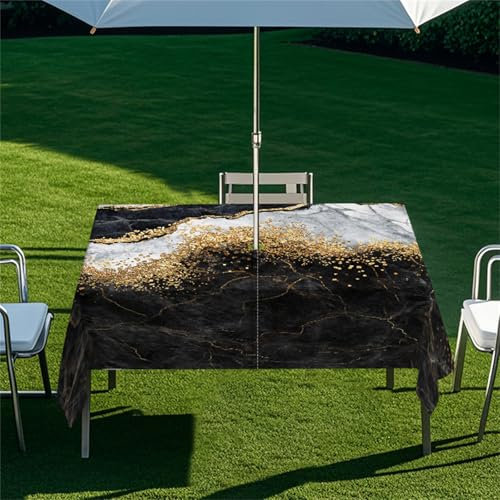 Highdi Tischdecke mit Loch in der Mitte, Abwaschbar Rechteckig Tischdecke mit Schirmloch Outdoor Tischdecke mit Reißverschluss Gartentischdecke für Sonnenschirm (305x152cm,Nebel 9)