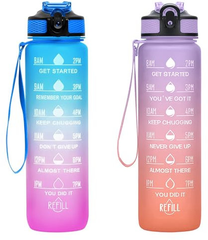 2 Stück Trinkflasche 1L, BPA-Frei Tritan Wasserflasche mit Strohhalm, Sport water bottle mit Zeitmarkierung für Fitness, Schule, Yoga, Outdoor (2 Stück Blau-Pink, Lila Hellorange)