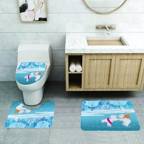 EMCLKS Badezimmermatten 3 Stück rutschfeste Badematte Teppiche, Badezimmer-Garnitur,U-förmiger Teppich,Cartoon, Kleine Eisbären Laufen Schlittschuh auf dem zugefrorenen See Love Partne,Waschbar Matte