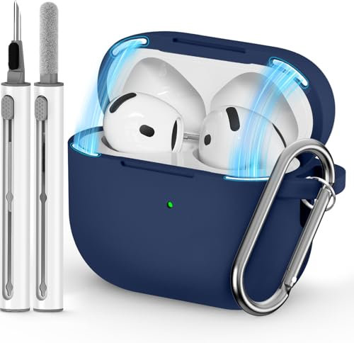Inesore Compatible with Airpods 4 Case Cover,Magnetic Lid Lock Silicone Protective Case for Apple Air Pods 4,with Keychain and Cleaner Pen(Navy Blue)