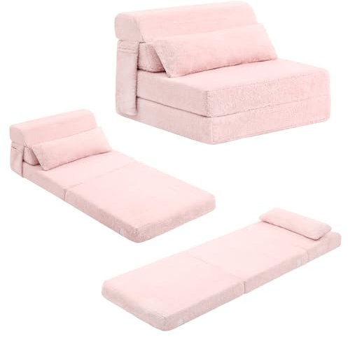 SESHINELL Folding Mattress with Pillow, Single Size Fold Out Sofa Chair Z Bed with Plush Cover & Storage Side Pocket, Floor Mattress Lounger for Guest Room, Living Room, Dorm, Home Office, Pink
