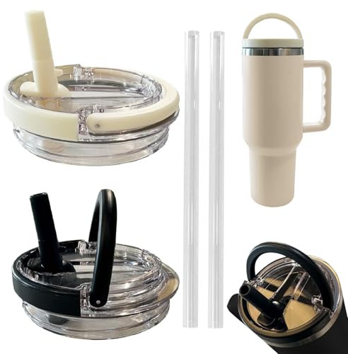 2 Stück Becher Ersatzdeckel für Thermobecher 40oz, Wiederverwendbar Auslaufsichere Staubdichte Tumbler Abdeckungen Becher mit Deckel und Strohhalm, Ersatzdeckel für Stanley Cup Zubehör (Weiß+Schwarz)