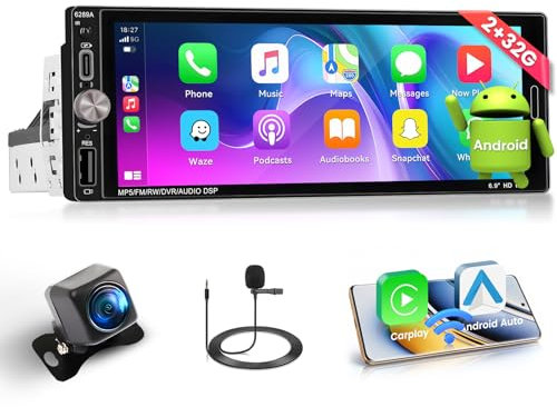 Fuluku Android 15 Radio 1 DIN Carplay inalámbrico Android Auto Pantalla Táctil 6,9 Pulgadas 1Din Radio WiFi Bluetooth GPS SWC FM RDS Mirror Link Cámara de Seguridad Mic USB 32EQ 2+32G