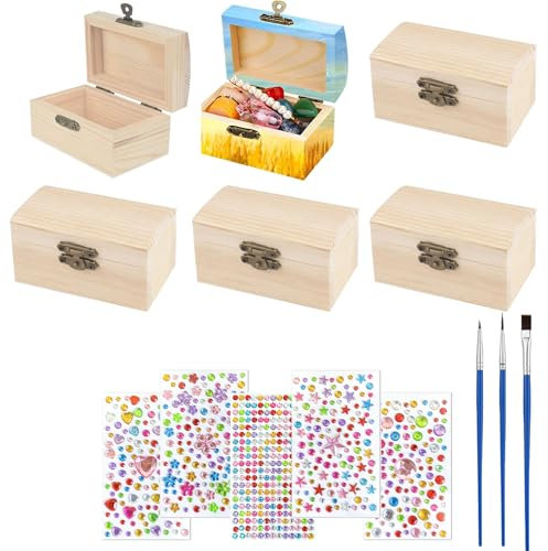 Holzkiste Klein, 6 Stück Kleine hölzerne Schatzkiste, Kleine Holzkiste bemalen,Mini Schatzkiste mit Deckel, Rechteckige Holzschatzkiste, mit Aufklebern und Pinseln, für Aufbewahren und Dekorieren