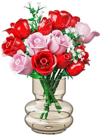 HOGOKIDS Blumenstrauß-Bausatz mit Lichtern - 16 Rosenstrauß botanische Bausteine künstliche Rot Rosen Blumen für Heimdekoration Muttertag Geburtstagsgeschenke für Mädchen Erwachsene - 387 Teile (ROSA)