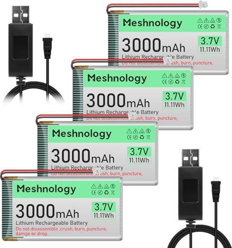 Meshnology 4PCS 3.7V 3000mAh Li Battery with USB Charger Cable 103665 1S LiPo Battery with Protection Board Insulated Rubber Tape and Micro JST 1.25 Plug for Ar duino ESP32 Module Board Drone RC Car