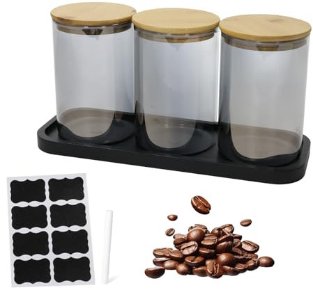 Xbopetda 3 Pack Kitchen Canisters with Wooden Lids and Tray, Airtight Glass Canister Set, Tea Coffee Sugar Canisters, Round Food Storage Jars for Coffee, Sugar, Tea, Flour, Kitchen Pantry Decor