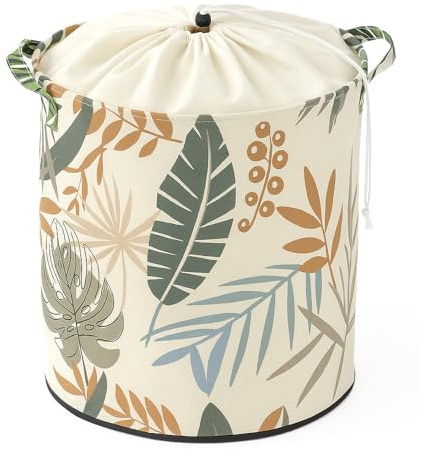 PH SF083 Blaetter Beige Waeschekorb & Spielzeugkorb 37x40 cm faltbar mit Deckel - Aufbewahrungskorb Stoff Kinderzimmer & Bad
