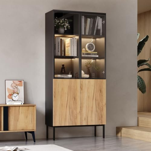 YuQozii Vitrine mit Glastüren, 180 cm hoher Schrank, mit Stimmungsbeleuchtung, Bücherregal, 5-Schicht-Glas, Sammlungsvitrine, Bücherregal, Büro, Schwarz/Eiche