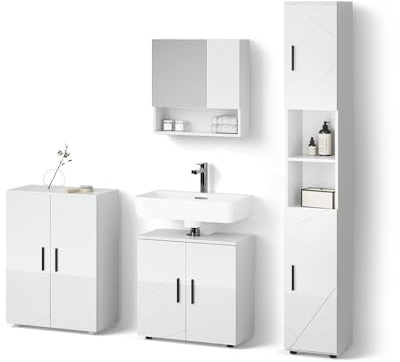 Livinity Badmöbel-Set Ronco, Weiß Hochglanz 60 cm | 4-teilig · Waschtischunterschrank · Spiegelschrank · Hochschrank · Midischrank