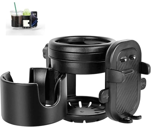 ZealSound 3-in-1 Kinderwagen Getränkehalter für 2 Becher, mit 360° drehbarem Handyhalter für Einhandbedienung, Universal Becherhalter für Kinderwagen, Rollstuhl, Fahrrad, E-Bike und Roller