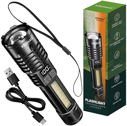 KRUMAD LED Taschenlampe Aufladbar, Starke Handlampe, Flashlight, Handlampe | mit COB-Seitenlicht, USB-C, Akkuanzeige & 5 Lichtmodi, Schwarz, 18650 Akku 650 mAh, Robuste, Wasserdichte, 2000 Lumen, ABS