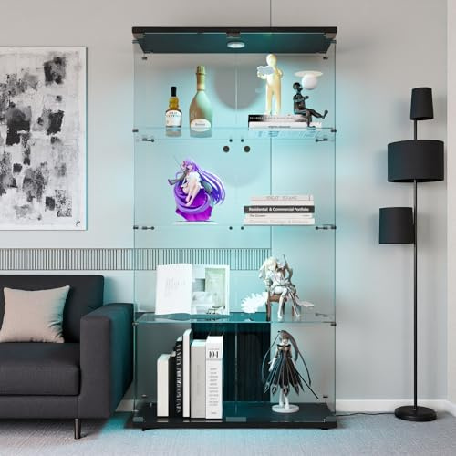 Vitrine sur pied en verre avec serrure et éclairage LED, vitrine de collection avec 2 portes et 4 étagères, vitrine en verre pour objets de collection, livres, vin, 80,5 x 36,5 x 164 cm (noir, 2