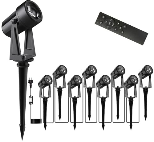 Gartenbeleuchtung LED, 29m 27V Dimmbarer LED-Strahler mit Fernbedienung/Timer/4 Lichtstufen, IP65 Wasserdichter Gartenstrahler, 3000K Gartenleuchten , Gartenlampen für Außen, Garten, Hof (8 in 1)