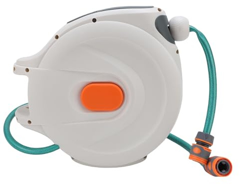 FAUOSWUK Enrouleur de Tuyau D'arrosage pour Nettoyeur Haute Pression, Enrouleur Automatique Rétractable avec Pulvérisateur, Multifonctionnel de Toute Longueur, de Tuyau de Verrouillage pour le (20m)
