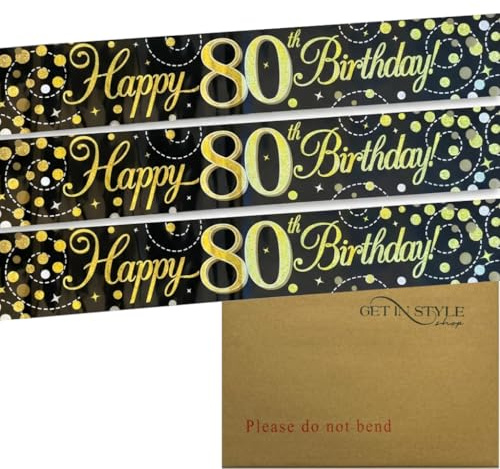 9ft Banner Sparkling Fizz 80th Birthday Black & Gold Holographic (274cm)