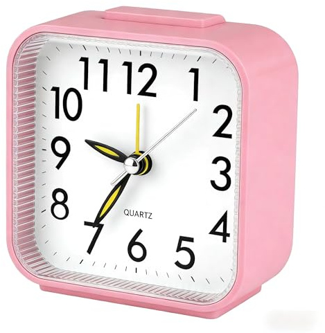 Xiangbhalla Pink Silent Analogue Alarm Clock with Snooze Light | Battery operated bedside clock with quiet quartz movement, night light and approx 8 x 8 x 4cm size.