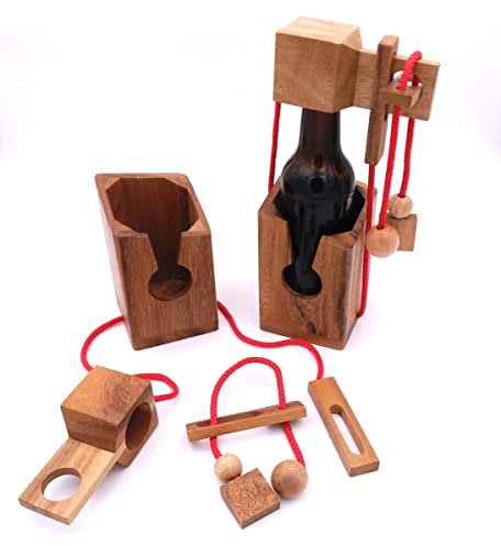 ROMBOL Flaschentresor - edler Tresor aus Holz für Bierflaschen 0,33 l als kreative Geschenkverpackung, Bandfarbe:rot