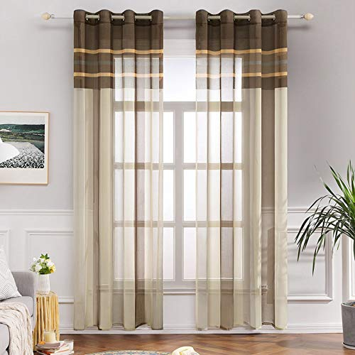 MIULEE Voile Vorhang Transparente Gardine aus Voile mit Ösen Schlaufenschal Ösenschals Transparent Fensterschal Wohnzimmer Schlafzimmer 2er Set 140x260 cm Weiß + Hellbraun