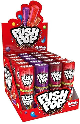 Bazooka Push Pop Lecca Lecca espositore assortito in 3 gusti: Cola, Fragola e Lampone Lollipop da 15. grammi in expo da 20 pezzi