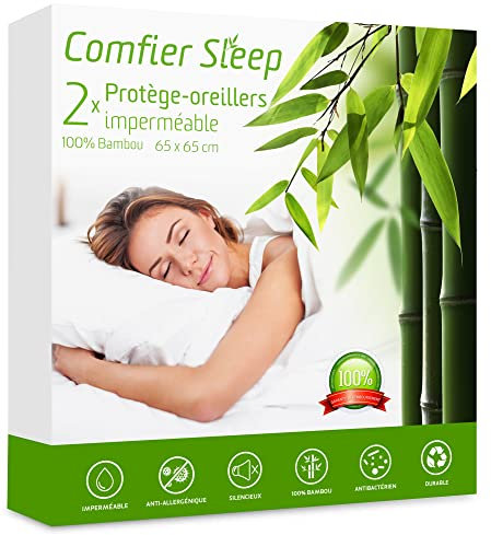 Lot de 2 Protège Oreiller 65x65 - 100% Bambou Trois Couches Anti Acarien Imperméable avec Fermeture Éclair - Taie Oreiller 65x65 –Respirant Anti-Bactérien