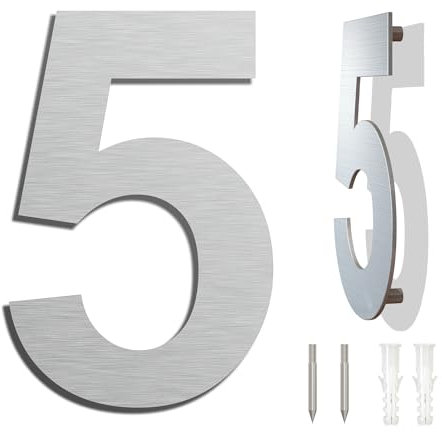 Edelstahl Hausnummer große - Wetterfest und Pflegeleicht - Metallic Mattes Silber Finish - Moderner Schwebender Aussehen und Einfache Installation - Höhe 203 mm - Arial Ziffer 5