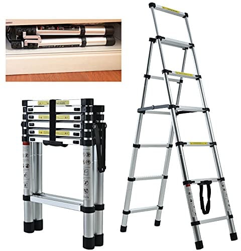 5+6 Step Ladder Aluminium Telescopic 6 Tread Tall Stepladder Heavy Duty 150kg/330lbs Capacity Non Slip Safety Ladder EN131 Standard for Home Office