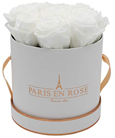 PARIS EN ROSE Rosenbox | mit 9 weißen Infinity Rosen Größe XL | konservierte ewige Rose | runde Weiß-Roségold Box | 3 Jahre haltbar | Grußkarte