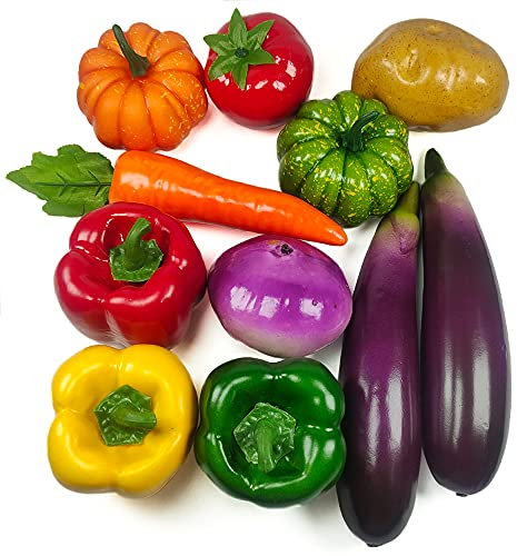 Laiiqi 11 Piezas Vegetales Artificiales, Vegetales Mixtos Falsos para decoración la Cocina del hogar, Juego Vegetales exhibición Alimentos Falsos realistas, Berenjena sartificiales pimientos rábanos