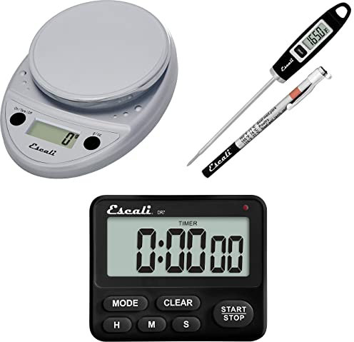Escali Primo Bakers Bundle - P115C Digital Kitchen Scale, Chrome, 11 Pound Capacity, DH1 Digital Thermometer, Black, and DR7 Digital Timer for Cooking and Baking