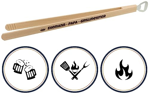 HOFMEISTER® Grillzange Flaschenöffner Gravur Holz - beidseitig personalisierbare Holzzange mit Kapselheber aus Buche - Geschenk für Männer, Grillmeister, BBQ Fans, Geburtstag, Vatertag, 44,5 cm